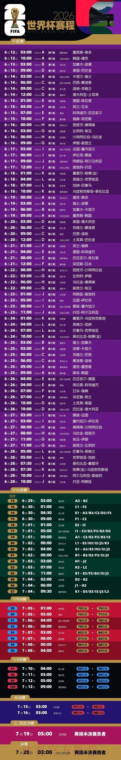 2026世界杯每日赛程完整版完整安排免费观看